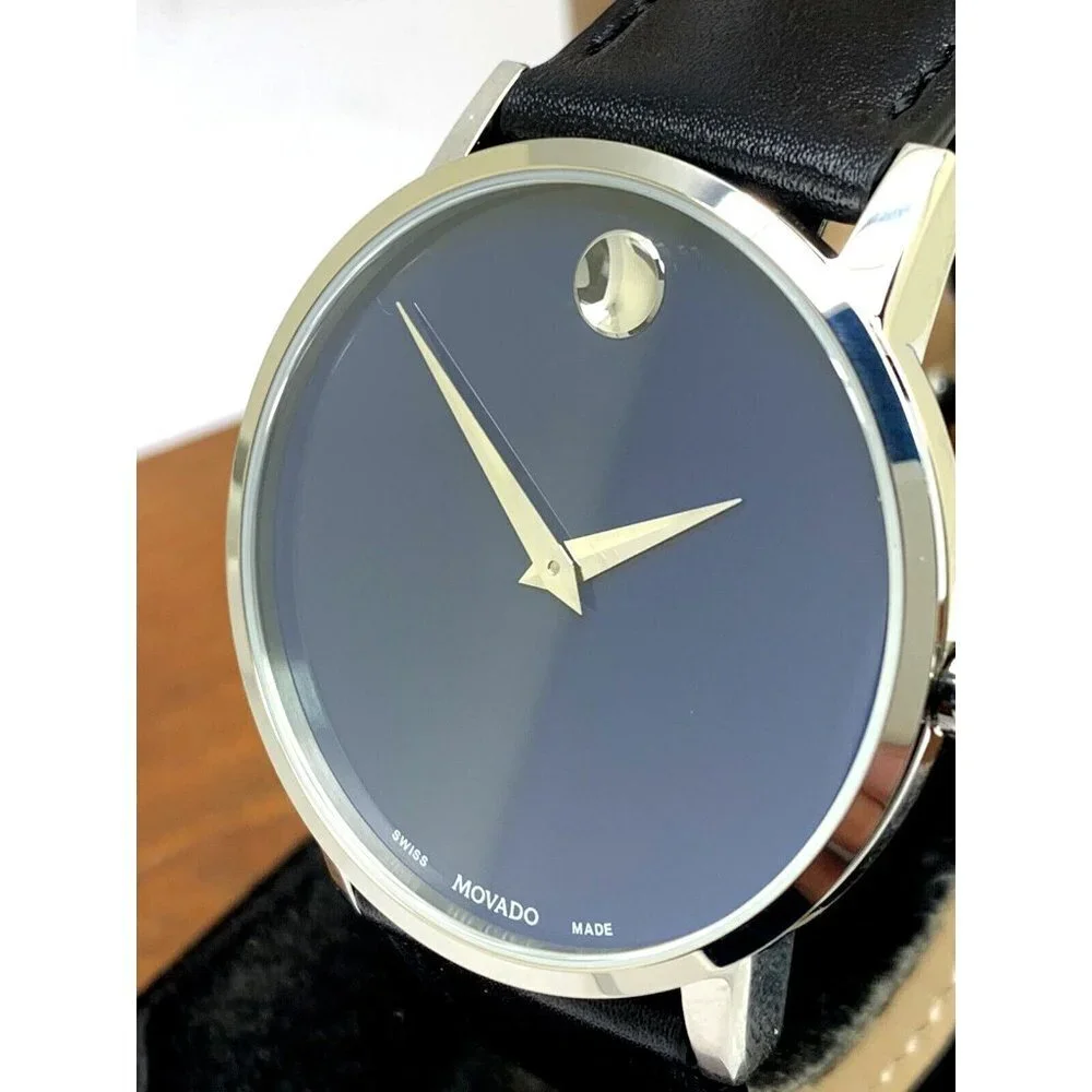 Movado Men's Watch 0607270 Museum Swiss Quartz Blue Dial Black Leather B…